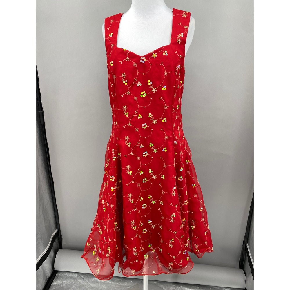 Vtg Rivars Red Embroidered Sequin Cross Back Dress Women Size 13/14 Y2K Dance